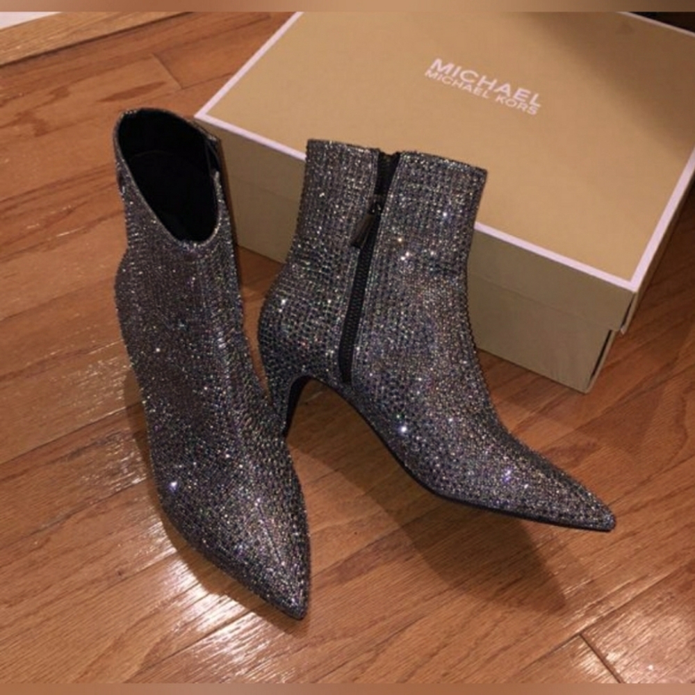 NEW Michael Kors MK Katerina Embellished Glitter Ankle Boot Black/Bronze 6.5